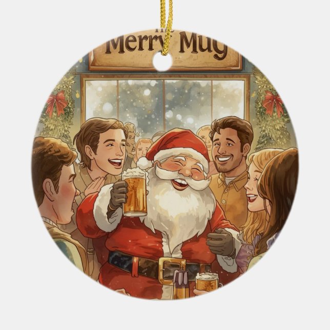Ornamento De Cerâmica British Christmas Party Santa in the pub (Frente)