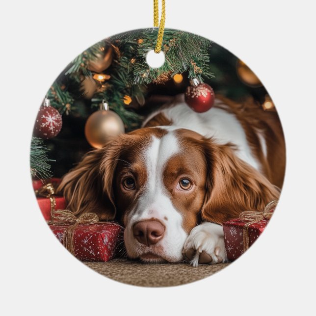 Ornamento De Cerâmica Brittany Spaniel Christmas (Frente)