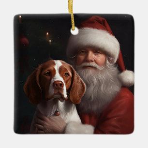 Ornamento De Cerâmica Brittany Spaniel Com Papai Noel Natal