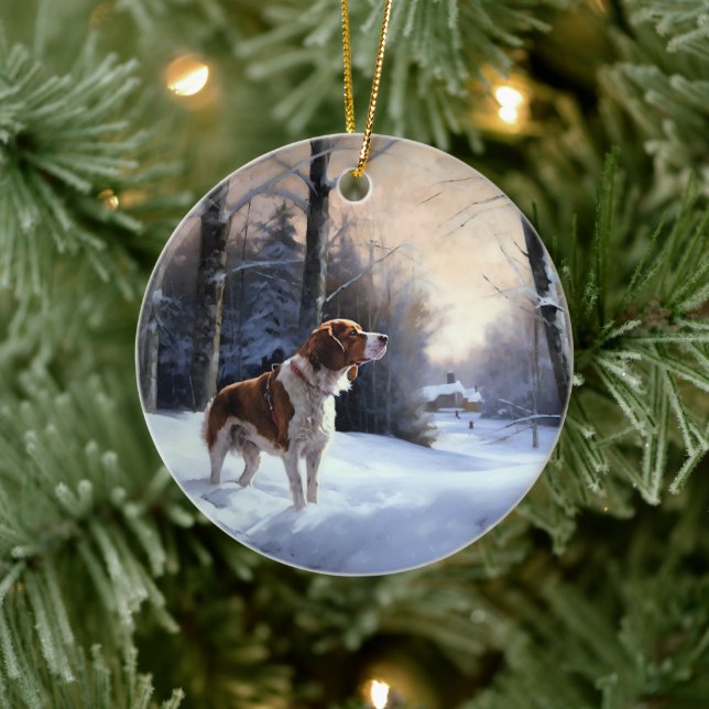 Ornamento De Cerâmica Brittany Spaniel Deixa-o nevar o Natal (Árvore)