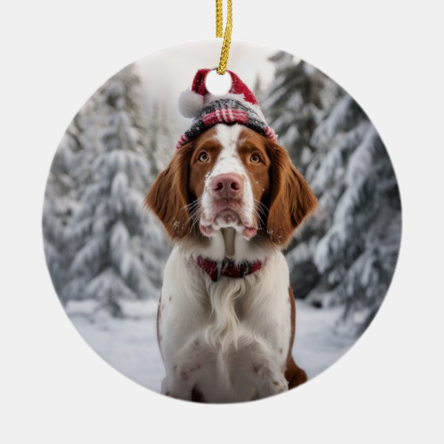 Ornamento De Cerâmica Brittany Spaniel Dog de Natal (Frente)