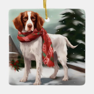 Ornamento De Cerâmica Brittany Spaniel Dog no Natal da Neve
