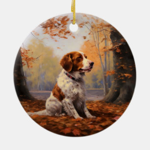 Ornamento De Cerâmica Brittany Spaniel no Outono Folhas Caídas Inspiram 