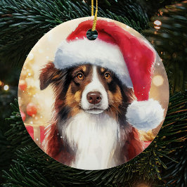 Ornamento De Cerâmica Brown Border Collie Santa Hat Natal