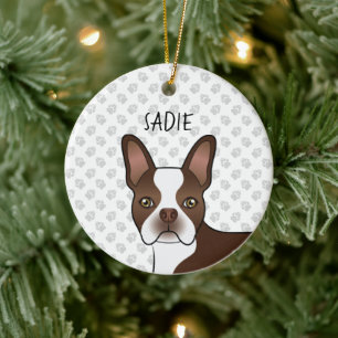 Ornamento De Cerâmica Brown Boston Terrier Cartoon Dog Head & Dog Name