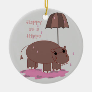 Ornamento De Cerâmica Brown Hippopotamus com guarda-chuva