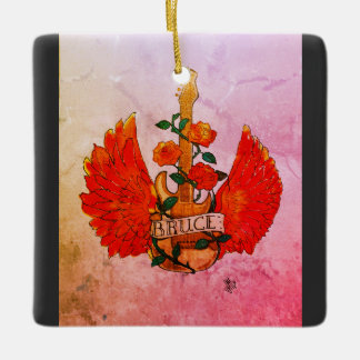 Ornamento De Cerâmica Bruce Fender Guitar Rock & Roll Rosas