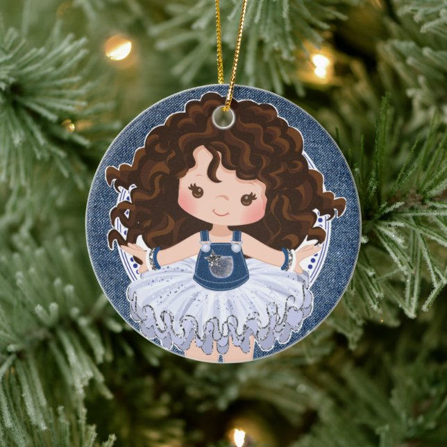 Ornamento De Cerâmica Brunette Cutie Denim e Diamantes Natal (Árvore)