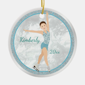 Ornamento De Cerâmica Brunette Figure Skater Em Aqua
