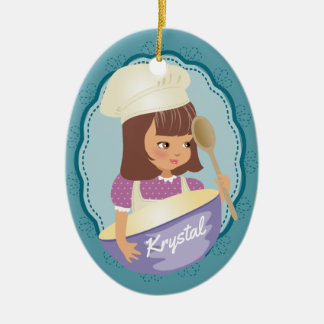 Ornamento De Cerâmica Brunette Girl chef baker personalizado no Natal