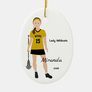 Ornamento De Cerâmica Brunette Lacrosse Player A Preto E Amarelo