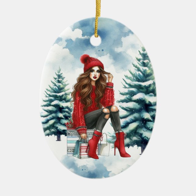 Ornamento De Cerâmica Brunette Red Fashion de Natal Personalizado (Frente)