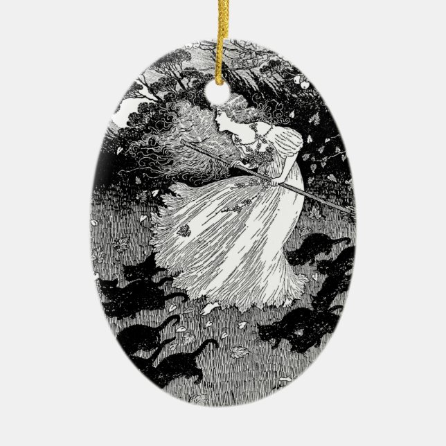 Ornamento De Cerâmica Bruxa com gatos (Frente)