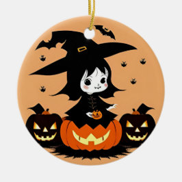 Ornamento De Cerâmica Bruxa de Halloween com Abóboras