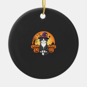 Ornamento De Cerâmica Bruxa de Halloween Gato Abóbora Lua Design_1