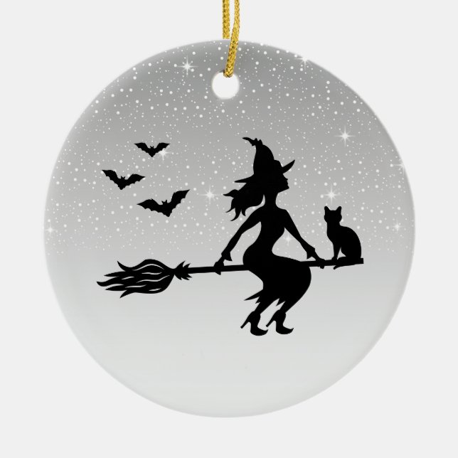 Ornamento De Cerâmica Bruxa Elegante Em Uma Cinza De Vassoura E Hallowee (Frente)
