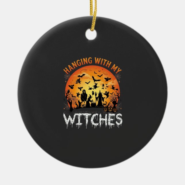Ornamento De Cerâmica Bruxas Penduradas Lua de Halloween Morcegos Abóbor (Frente)