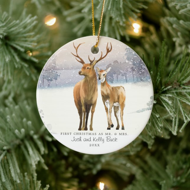 Ornamento De Cerâmica Buck & Doe Primeiro Natal Sr & Sra Personalizada (Árvore)