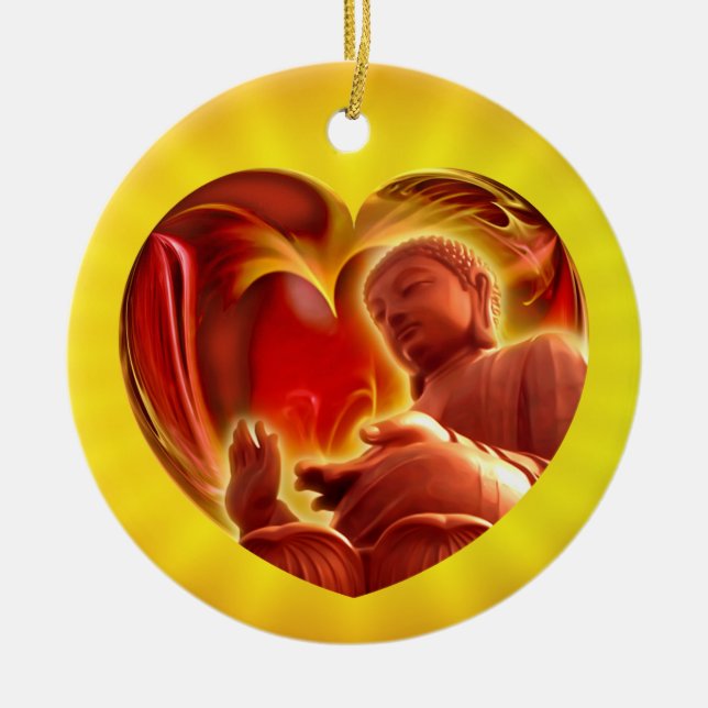 Ornamento De Cerâmica BUDHA Heart | Brilho amarelo (Frente)