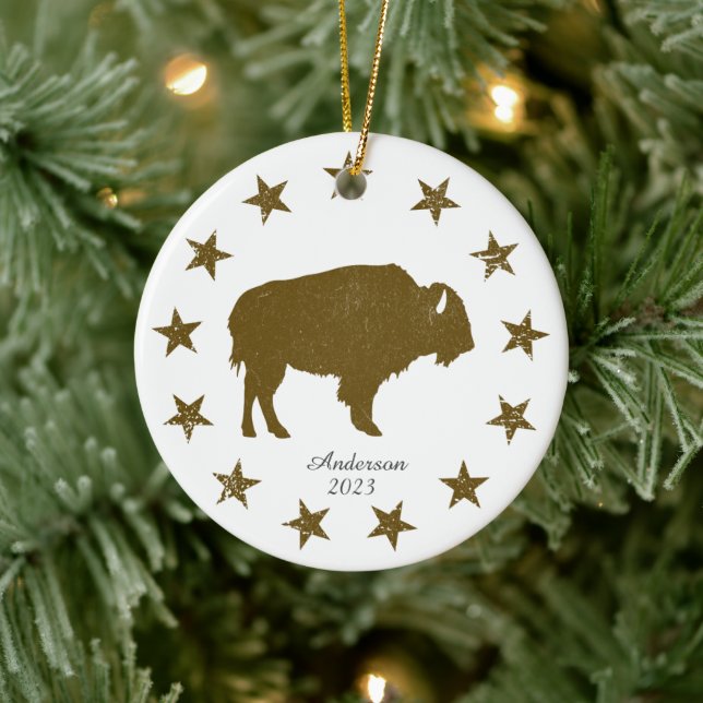 Ornamento De Cerâmica Buffalo Americano Personalizado no Natal Ocidental (Árvore)
