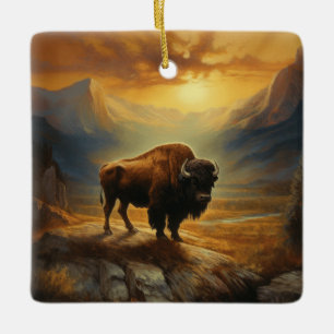 Ornamento De Cerâmica Buffalo Bison Sunset Silhouette