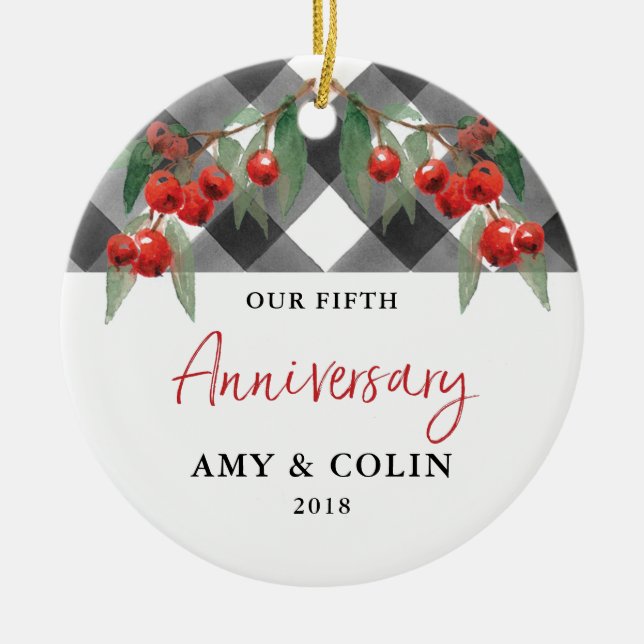 Ornamento De Cerâmica Buffalo Check Black White Xadrez Aniversário Datad (Frente)