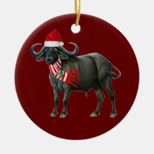 Ornamento De Cerâmica Buffalo Com O Natal Do Chapéu