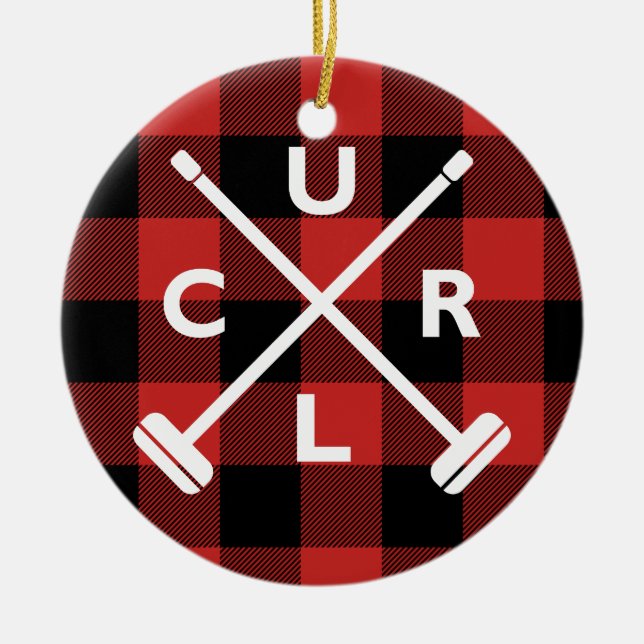 Ornamento De Cerâmica Buffalo Plaid Curling Christmas Ornament (Frente)
