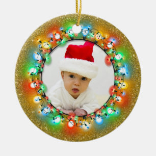 Ornamento De Cerâmica Bulbos Dourados do Natal da faísca com foto