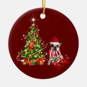 Ornamento De Cerâmica buldogue com chapéu de Natal