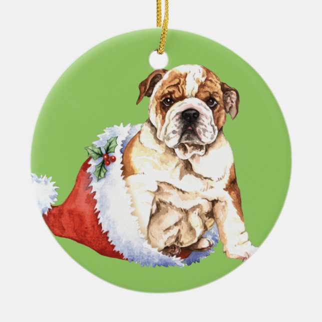 Ornamento De Cerâmica Buldogue feliz de Howliday (Frente)