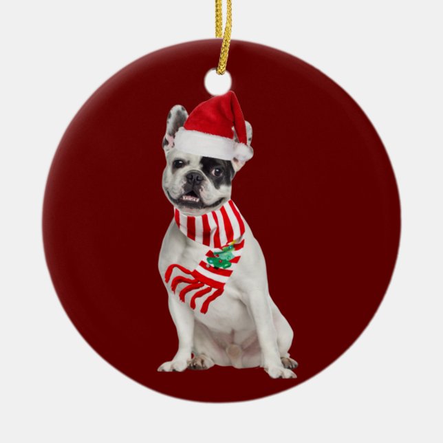 Ornamento De Cerâmica Buldogue Francês com Véu de Natal (Frente)