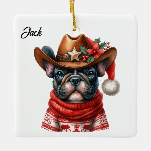 Ornamento De Cerâmica Buldogue Francês de Natal Personalizado com Chapéu (Frente)