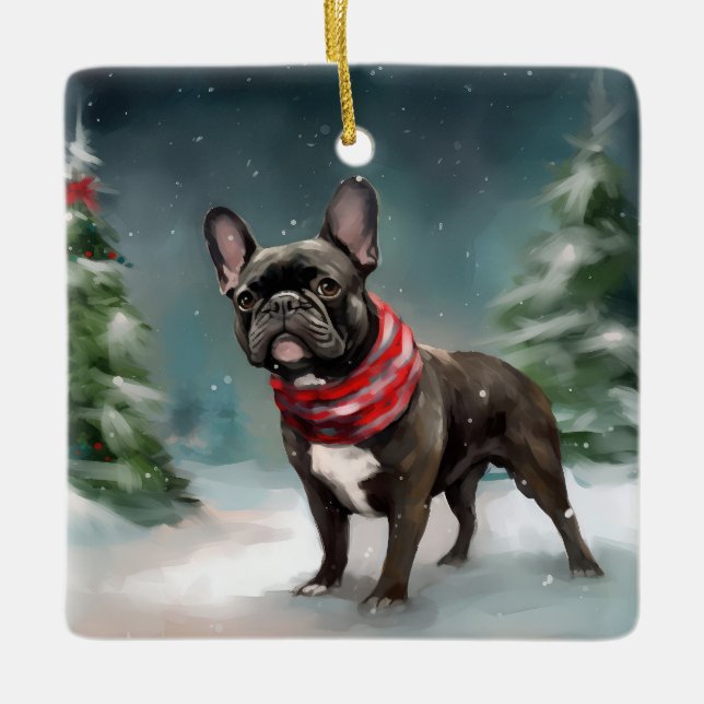 Ornamento De Cerâmica Buldogue francês no Natal da neve (Frente)