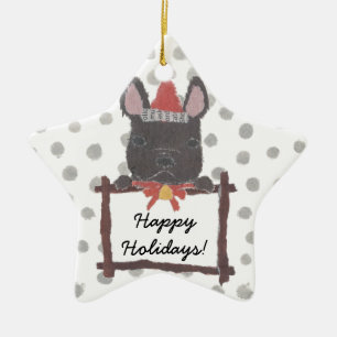 Ornamento De Cerâmica Buldogue francês preto, feriados de Frenchie,