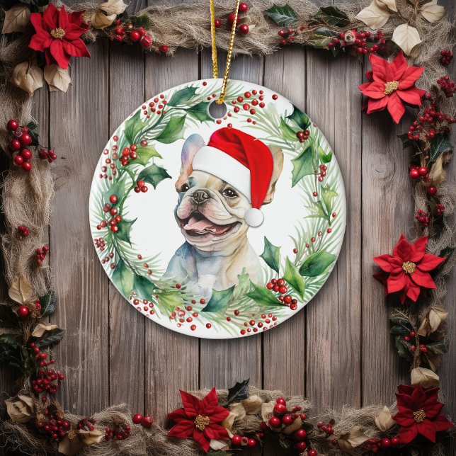 Ornamento De Cerâmica Buldogue Francês Puppy Holly Wreath Natal (Criador carregado)