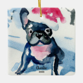 Ornamento De Cerâmica Buldogue Francês Vestindo Santa Hat, Nome Personal