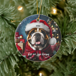 Ornamento De Cerâmica Buldogue lindo com chapéu de Papai Noel