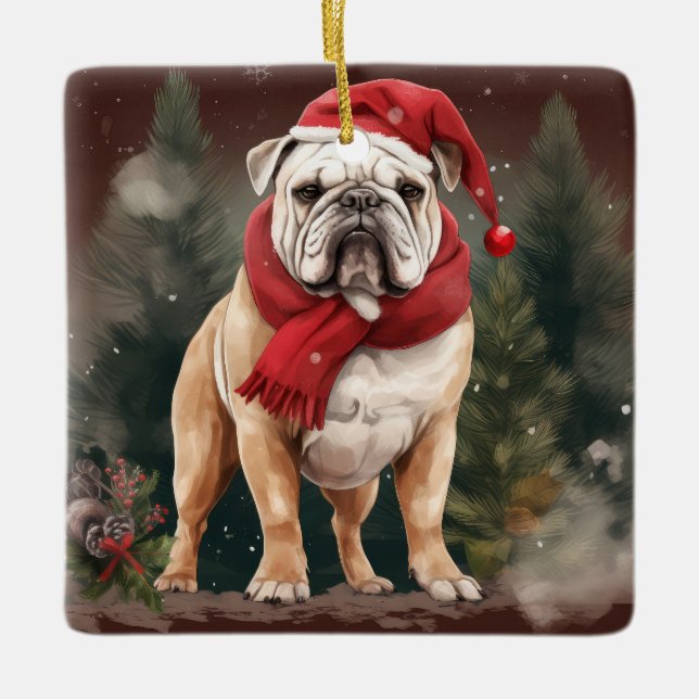 Ornamento De Cerâmica Buldogue no Natal da Neve (Frente)