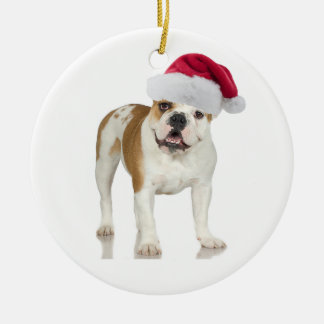 Ornamento De Cerâmica Buldogue no Natal do chapéu do papai noel