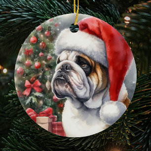 Ornamento De Cerâmica Buldogue Vestindo um Natal