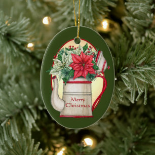 Ornamento De Cerâmica Bule de chá antigo com Natal de poinsettias