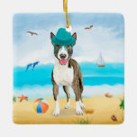 Ornamento De Cerâmica Bull Terrier Dog na praia<br><div class="desc">Um cachorro bonito sentado na praia é uma ideia perfeita para alguém que ama essa raça de cachorro.</div>