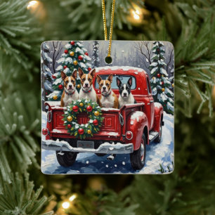 Ornamento De Cerâmica Bull Terrier Natal Caminhão Vermelho Feriado