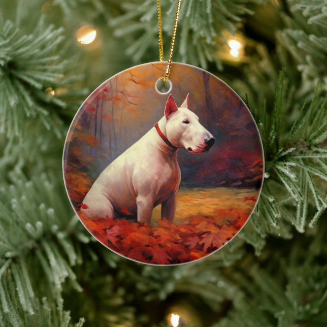 Ornamento De Cerâmica Bull Terrier no outono deixa cair inspiração (Árvore)