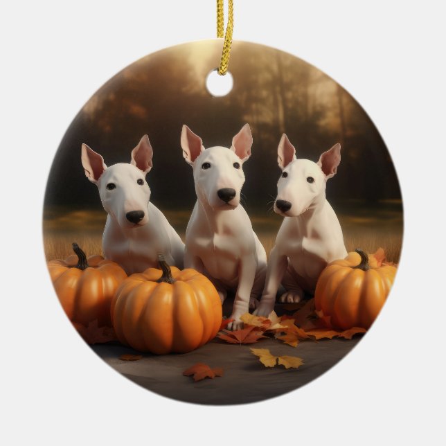 Ornamento De Cerâmica Bull Terrier Puppy Autumn Delight Pumpkin (Frente)