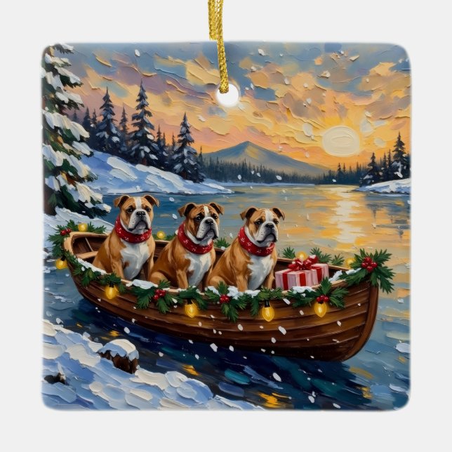 Ornamento De Cerâmica Bulldog Christmas Boat Holiday (Frente)