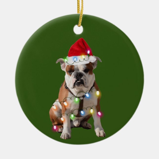 Ornamento De Cerâmica Bulldog Com O Presente De Papai Noel De Natal (Frente)