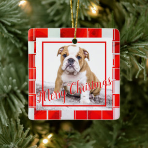 Ornamento De Cerâmica Bulldog com Xadrez Vermelho Foto Natal Feliz 