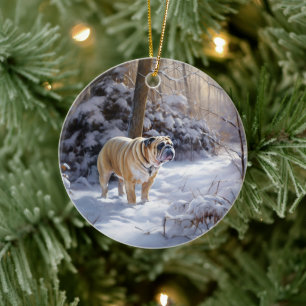 Ornamento De Cerâmica Bulldog Deixe Nevar Natal Escovado